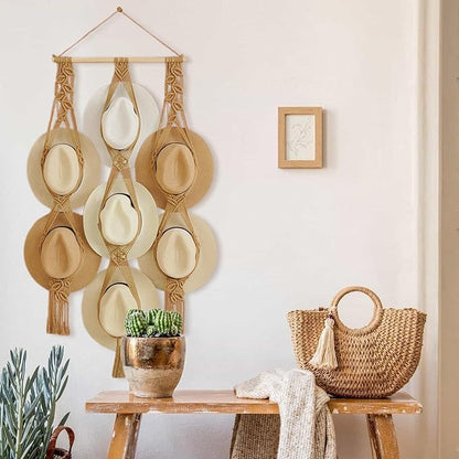 Tissting Macrame Hat Hanger 7 Styles Wall Mounted Organizer - Boho Home Decor Storage Solution for Wide Brim Hats Caps Displa