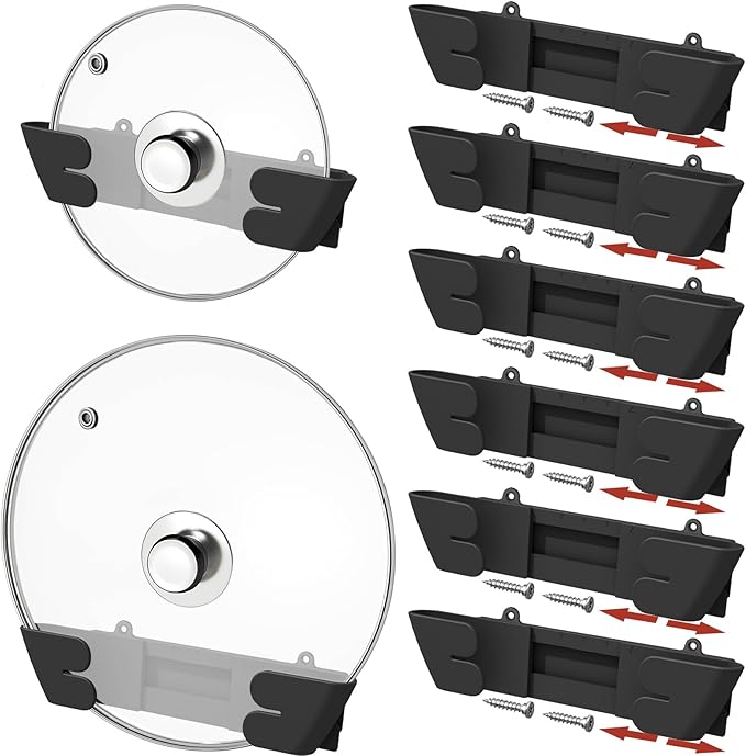 Adjustable Universal Pot Lid Holder Organizer - Upgraded Patented Pan Lids Organizers Inside Cabinet Door Wall Mount Pots Top Rack for Kitchen Cupboard Fit 6" to 13" (8Pack-Black)