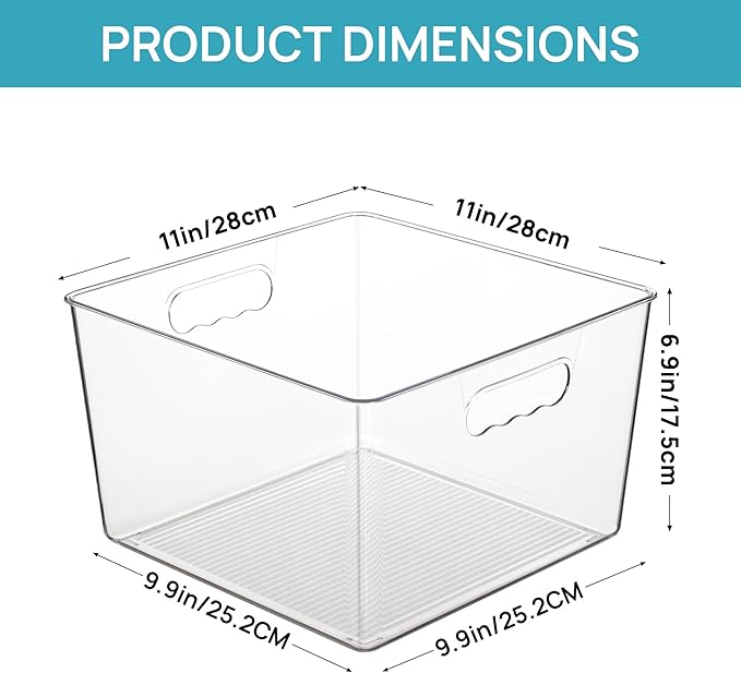 Vtopmart 4 Pack Extra Large Clear Plastic Storage Bins,11x11 Cube Acrylic Organizer Square Containers with Handle for Pantry,