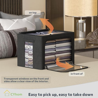 CYhom Clothes Storage Bins Box - Linen Fabric Foldable Stackable Container Organizer Set with Clear Window & Carry Handles & 