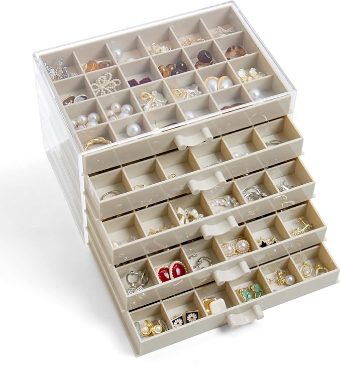 YUFONG Earring Storage Box Organizer, Acrylic Jewelry Storage Box Holder 5 Drawers Transparent Jewelry Display Stand with 120