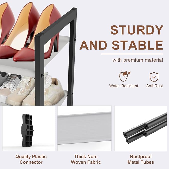 6-Tier Shoe Rack Organizer, Zero-Wobble Metal Frame with Screw-Fastened Joints, 11.8" Deep Heel-Friendly Non-Woven Shelves, S