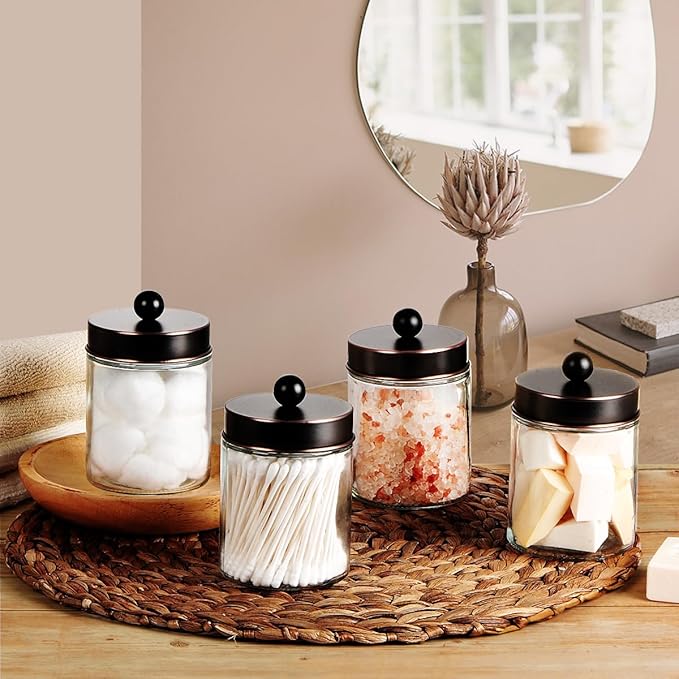 Amolliar 4Pc Apothecary Jars Bathroom Vanity Storage Organizer-Countertop Canister & Stainless Steel Lids &Cute Stickers -Qti