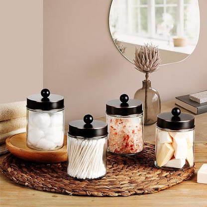 Amolliar 4Pc Apothecary Jars Bathroom Vanity Storage Organizer-Countertop Canister & Stainless Steel Lids &Cute Stickers -Qti