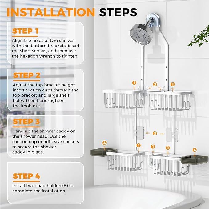 REINHARDT Aluminum Shower Caddy Hanging Adjustable Shower Caddy, Rustproof Hanging Shower Organizer with Hooks Soap Holders, 