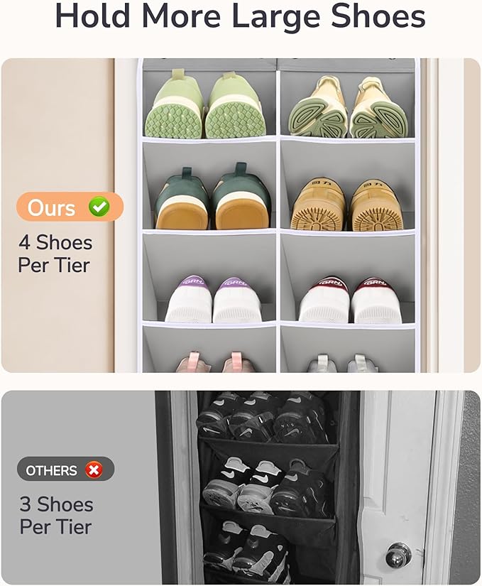 ULG Over The Door Shoe Organizer for Closet Fit 24-32 Pairs with Large Deep Pockets, Narrow Shoe Rack for Door Hanging Boots 
