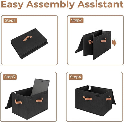 GRANNY SAYS Black Storage Bins with Lids, Decorative Storage Boxes with PU Handles, Linen Closet Organizer, Storage Baskets f