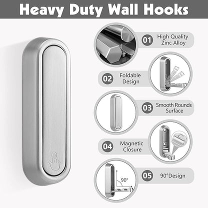 Dntorx Folding Coat Hooks, 2 Pcs Foldable Silver Wall Hooks Heavy Duty Foldable Hook Bathroom Towel Hooks Robe Hooks Wall Mou