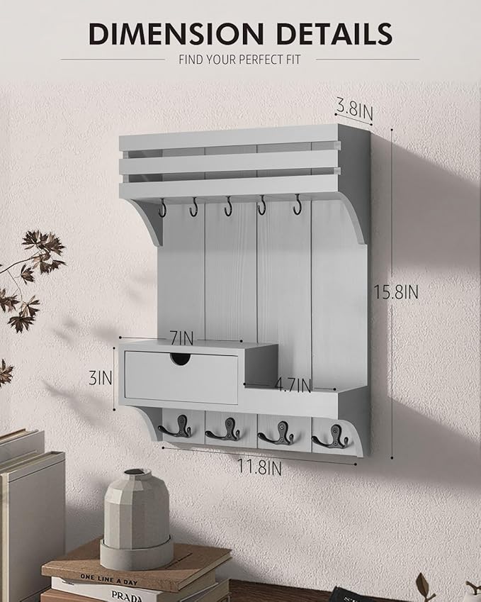Rebee Vision Decorative Key Holder Wall Mount with Small Drawer Organizer - Modern Mail Organizer with 9 Key Hooks and Wall S