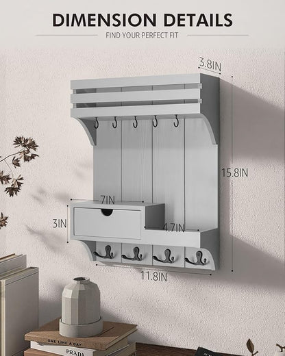Rebee Vision Decorative Key Holder Wall Mount with Small Drawer Organizer - Modern Mail Organizer with 9 Key Hooks and Wall S