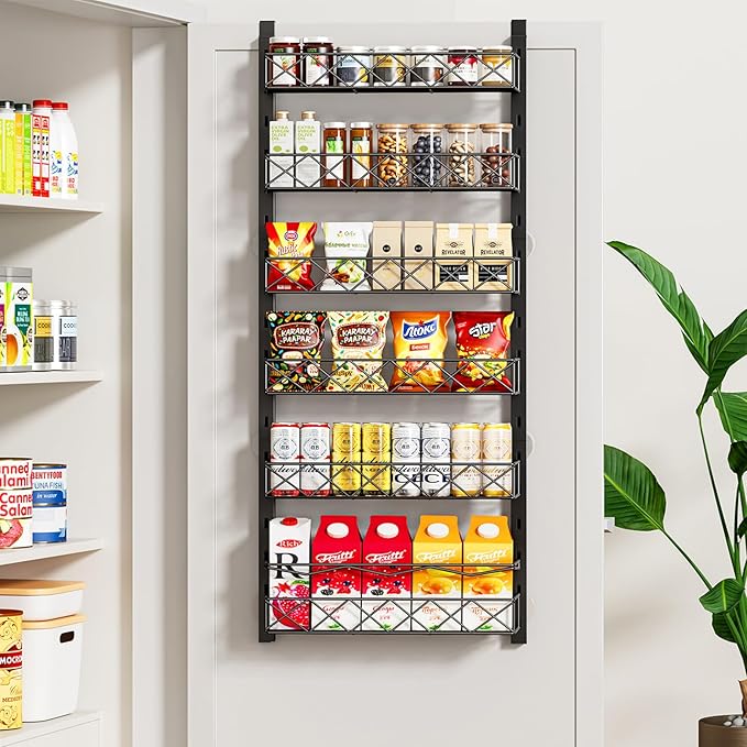 MIAOLI Over the Door Organizer, Black 6-Tier Pantry Door Organizer with Adjustable Basket, Hanging Spice Rack Cabinet Door Sh