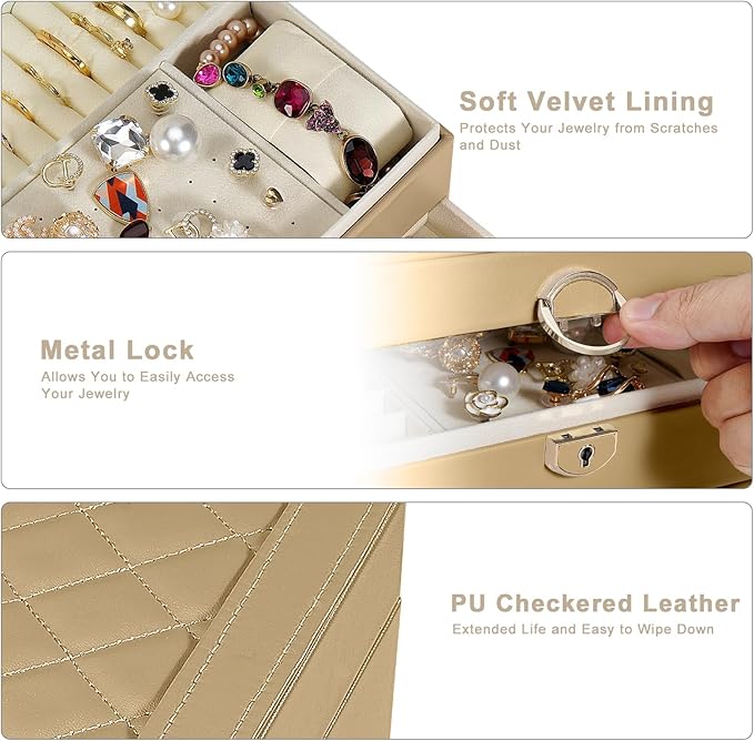 GUOER Jewelry Box for Women Girl Wife 3 Layers Large PU Leather Jewelry Organizer Storage Case with Two drawers Display for E