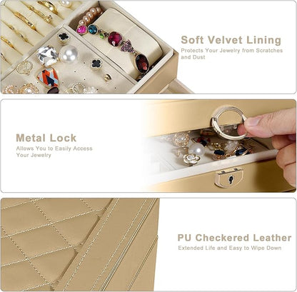 GUOER Jewelry Box for Women Girl Wife 3 Layers Large PU Leather Jewelry Organizer Storage Case with Two drawers Display for E