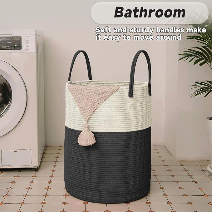 JMvicyroam Large Woven Laundry Basket Hamper,60L Cotton Rope Storage Bin for Blankets,Toys and Clothes,Decorative Tall Nurser