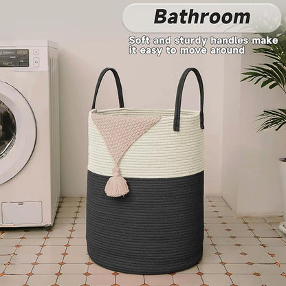 JMvicyroam Large Woven Laundry Basket Hamper,60L Cotton Rope Storage Bin for Blankets,Toys and Clothes,Decorative Tall Nurser