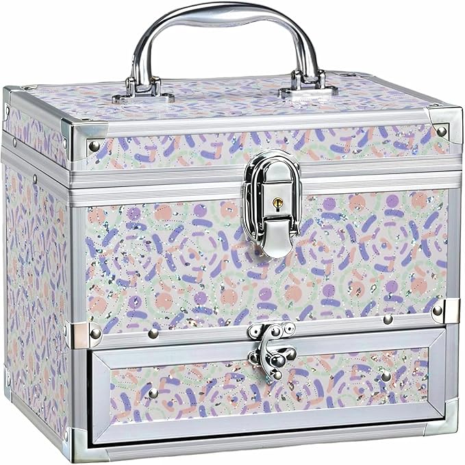 Hododou Girls Jewelry Box Organizer with Drawer & Mirror, Shiny Pink Style Lockable Storage Case for Kid or Little Girls Jewe
