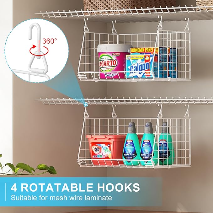 3-Tier Hanging Laundry Basket Organizer：Foldable Wire Shelf Laundry Room Organizer with 360°Rotating Hooks Small Space Soluti