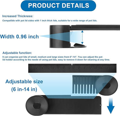 YONGAIJIA New Upgrade 4 Pack Adjustable Pot Lid Holder, Lid Organizer Fits 6" to 14" Lids, with Screw Hole Position and Sticky Wall Mounted Lid Storage Kitchen Cabinets, Cabinet Doors (Black)