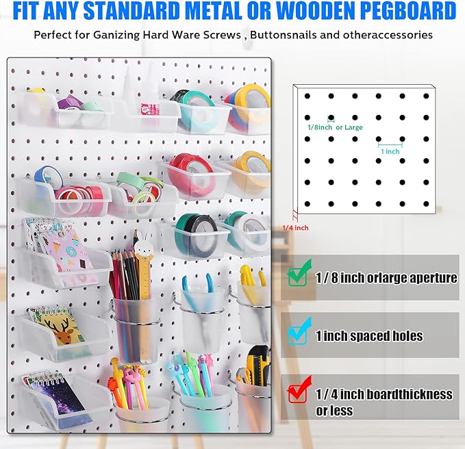 Sieral 64 Pieces Pegboard Bins Pegboard Cups with Hooks and Loops Peg Hooks Assortment Organizer Accessory for Organizing Acc