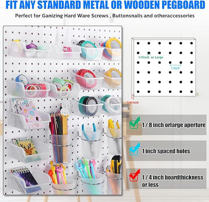 Sieral 64 Pieces Pegboard Bins Pegboard Cups with Hooks and Loops Peg Hooks Assortment Organizer Accessory for Organizing Acc