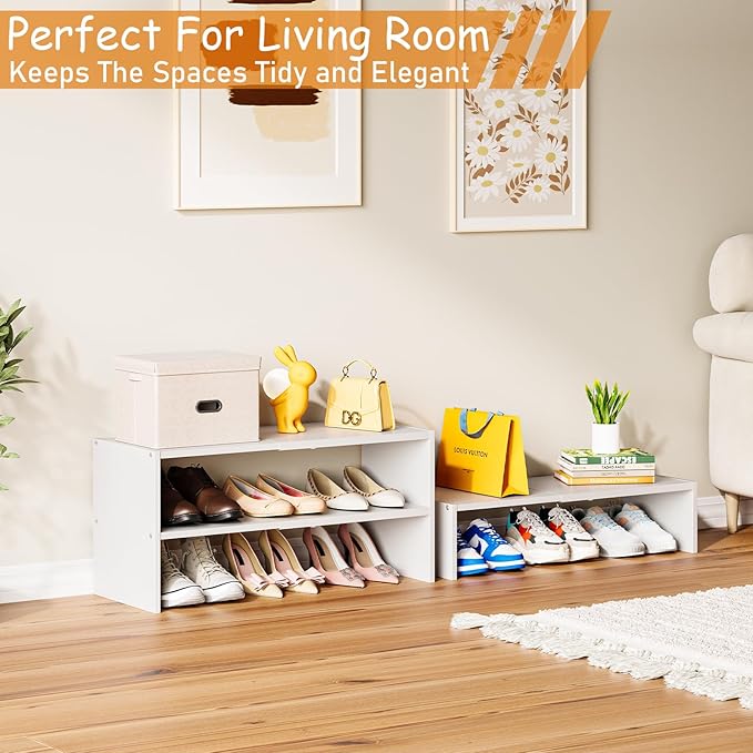 3-Tier Expandable White Shoe Rack Organizer for Closet, Stackable Shoe Racks Storage Shelf, Small Metal Wood Combination Shoe