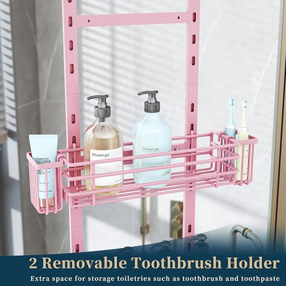 Consumest Over The Door Shower Caddy - 5 Tier Adjustable Shower Organizer Hanging with 2 Toothbrush Holders & 4 Hooks, Rustpr