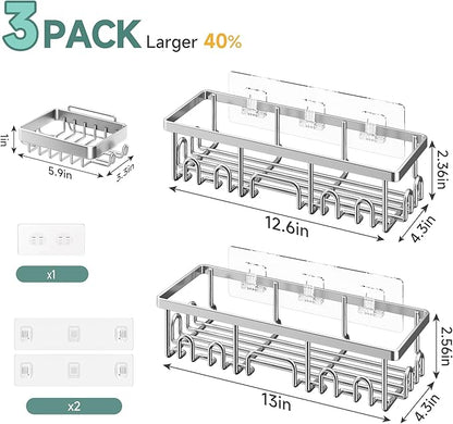Veken Shower Caddy 3-Pack, Advanced Rustproof Design, No Drilling Adhesive Shelves, Rack with Soap Holder, Large Capacity Bat