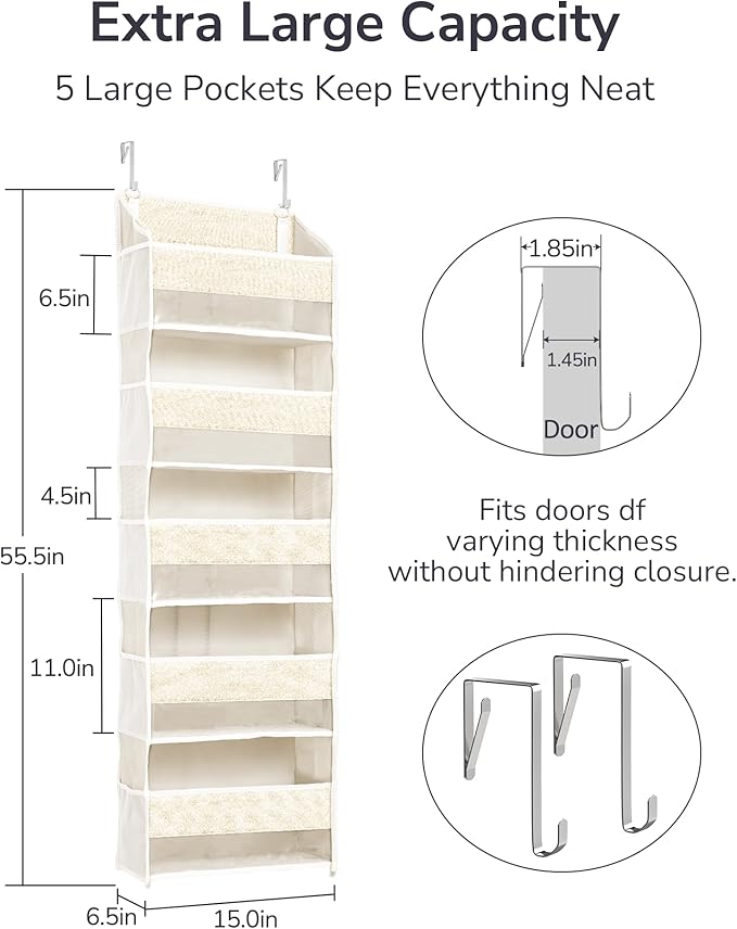 ULG 1 Pack Over Door Organizer with 5 Large Pockets 10 Mesh Side Pockets, Upgraded Linen Texture Over The Door Storage, 44 lb