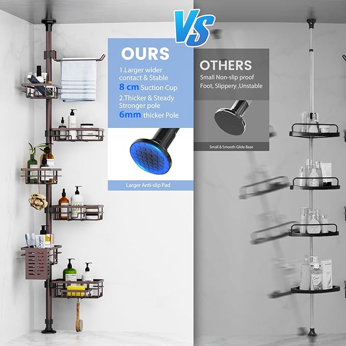 Mixoo Corner Shower Caddy Tension Pole - Adjustable 30 to 120 Inch Shower Organizer with 6 Shelves, Towel Rack, Toothbrush Ho