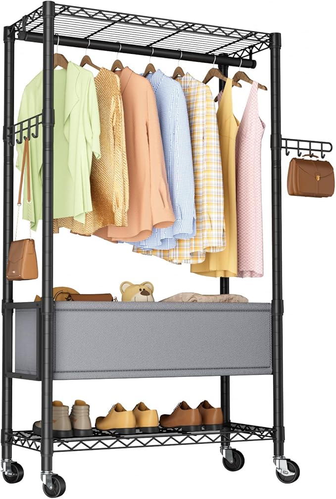 Heavy Duty Clothes Rack Rolling Garment Rack,3 Tier Adjustable Wire Shelving Clothing Racks for Hanging Clothes with Double R