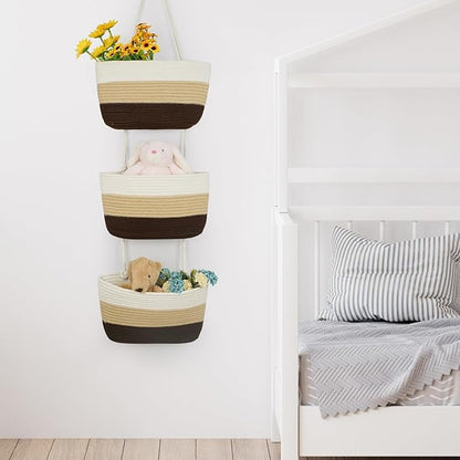 TeoKJ Over the Door Hanging Basket, 3-Tier Woven Cotton Wall-Mounted Storage Organizer Bag Decorative Hanging Nursery Baskets