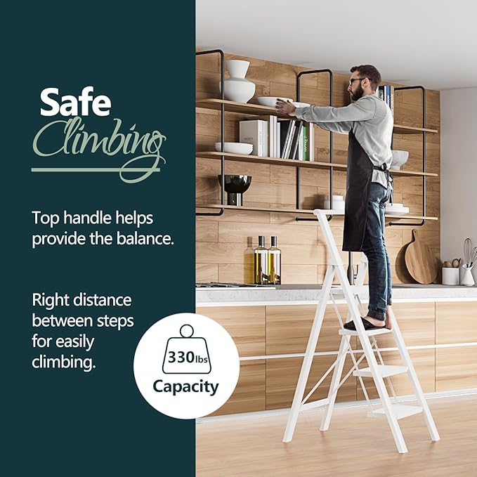 WOA WOA 4 Step Ladder for 10 Feet High Ceiling, Lightweight Foldable Ladder with Non-Slip Wide Pedals, Step Stool with Safe H