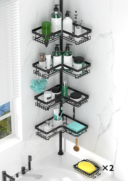 Tension Pole Shower Caddy Corner with 2 Soap Holders, 4 Tier Bathroom Shower Organizer Floor to Ceiling 25-114 inch, Adjustab