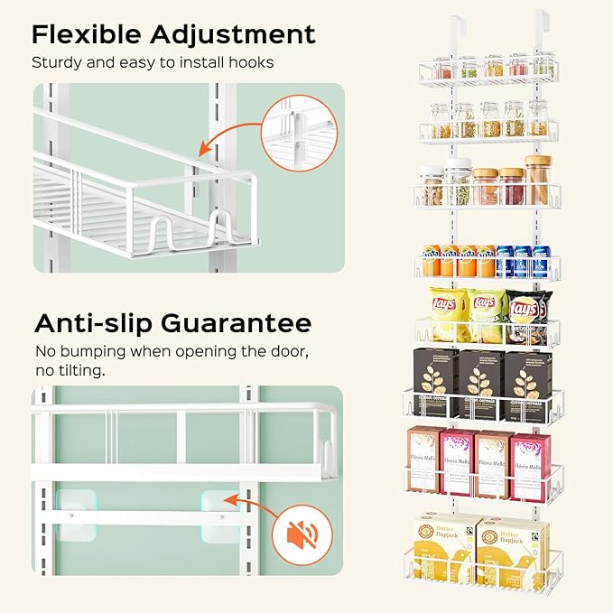 Bunoxea White 8-Tier Over The Door Pantry Organizer, Pantry Organization And Storage, Metal Hanging Spice Rack Shelves Door, 
