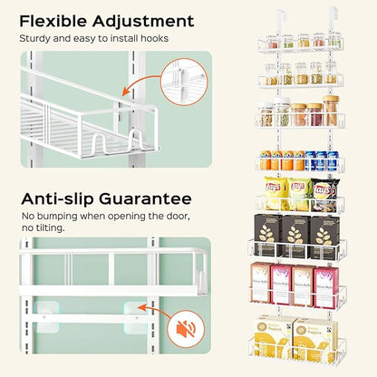 Bunoxea White 8-Tier Over The Door Pantry Organizer, Pantry Organization And Storage, Metal Hanging Spice Rack Shelves Door, 