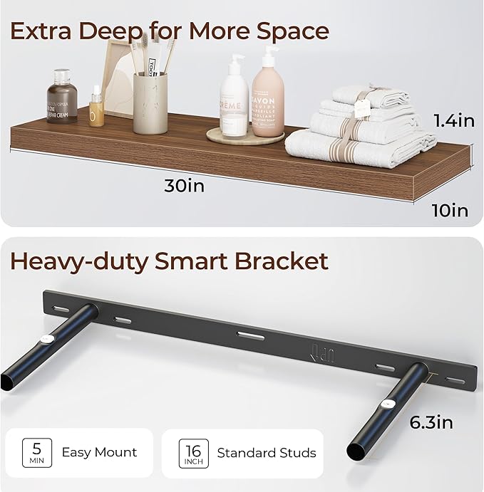 Fun Memories Floating Shelves for Wall 30 Inch Set of 3, Farmhouse Floating Shelves with Invisible Heavy Duty Bracket, 10 Inc