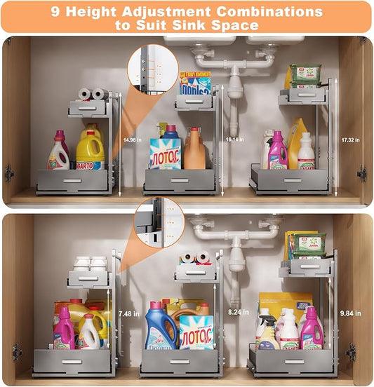 Under Sink Organizer,2 Tier Slide Out Kitchen Cabinet Organizers with Pulley,Under Bathroom Sink Pull Out Organizer with Mult