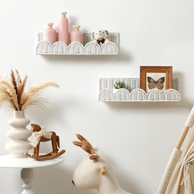 Pinkunn 4 Pcs Nursery Book Shelves 15.8 Inch Rattan Scalloped Floating Bookshelves Wicker Boho Book Shelf for Wall Mounted De