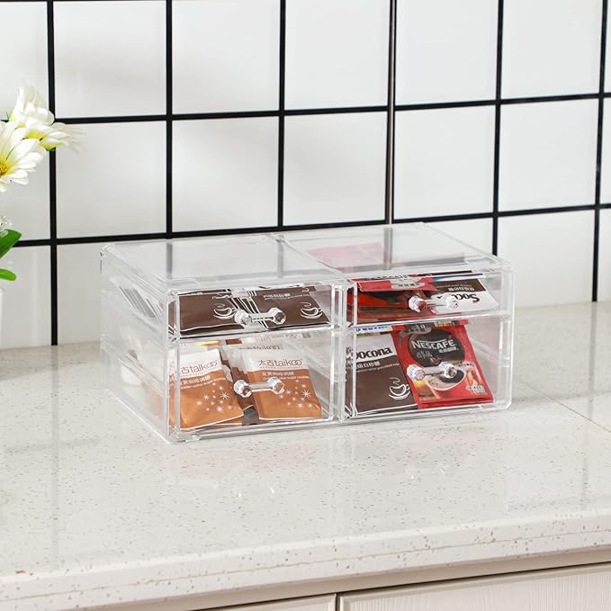 Cq acrylic Makeup Organizers with 4 Drawers,Rectangular Office Stationery Supplies Plastic Clear Storage Containers,Stackable