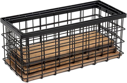 TIEYIPIN Farmhouse Decor Metal Wire Storage Baskets, Wood Base Containers Organizing Basket Caddy Bin for Kitchen Cabinets, B