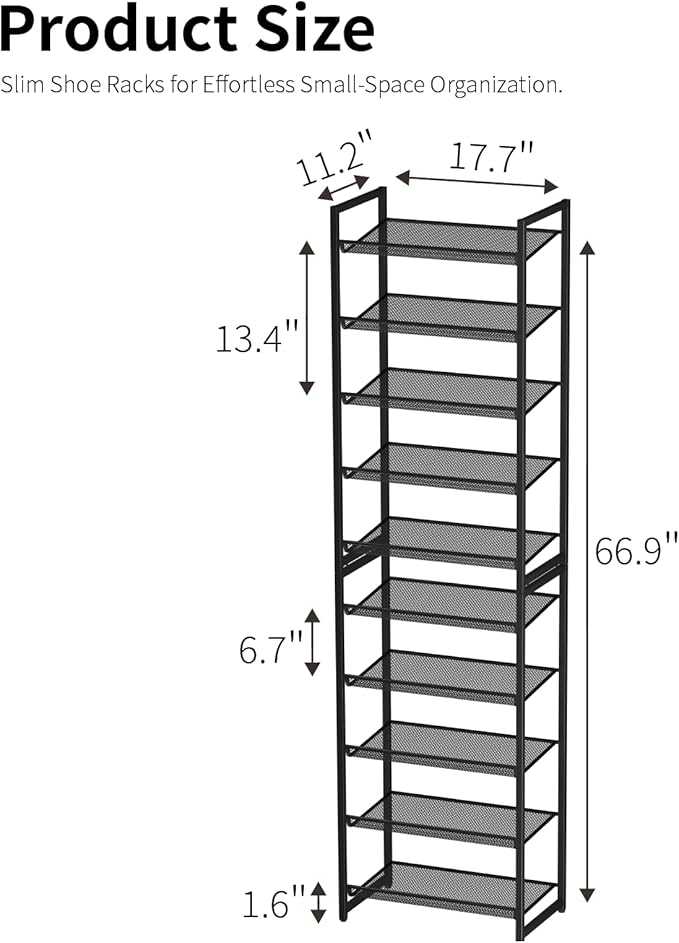 10 Tier Shoe Rack, Tall Metal Shoe Storage with Adjustable Shelves, Holds 20-25 Pairs, Stackable Shoe Stand for Garage Hallwa