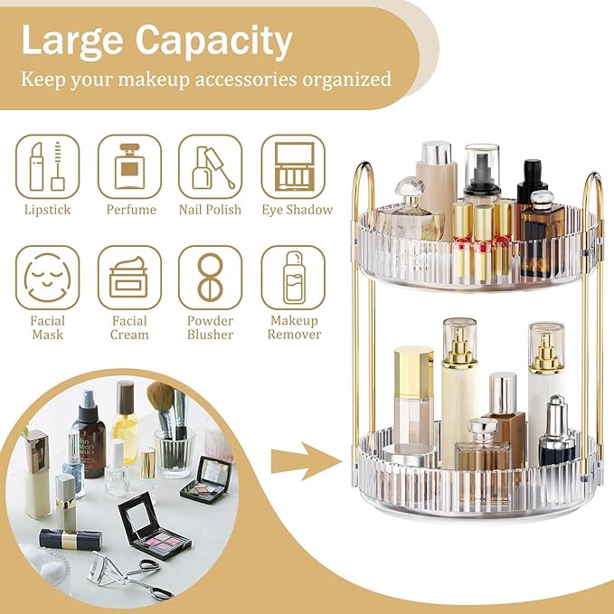 MOKANI 360 Rotating Makeup Organizer for Vanity, 2 Tier Adjustable Perfume Organizer for Dresser, Multi-Function Spinning Cos