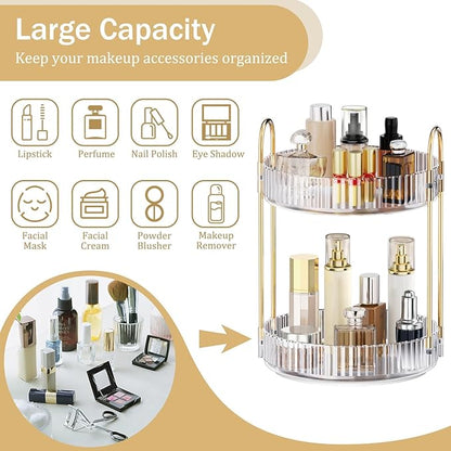 MOKANI 360 Rotating Makeup Organizer for Vanity, 2 Tier Adjustable Perfume Organizer for Dresser, Multi-Function Spinning Cos