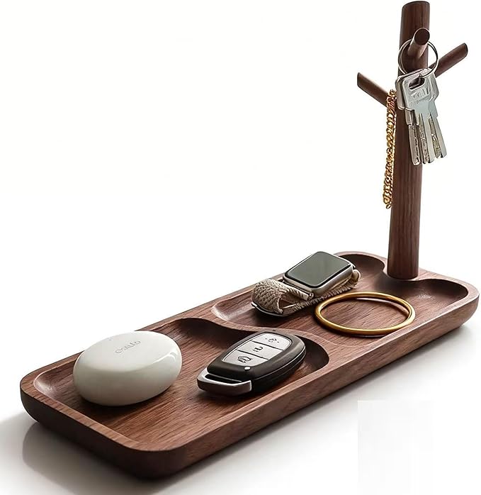 Solid Black Walnut Wooden Key Tray, Multi-Functional Key Bowl for Entryway Table, Key Holder Stand equipped with 3 Hooks, Woo