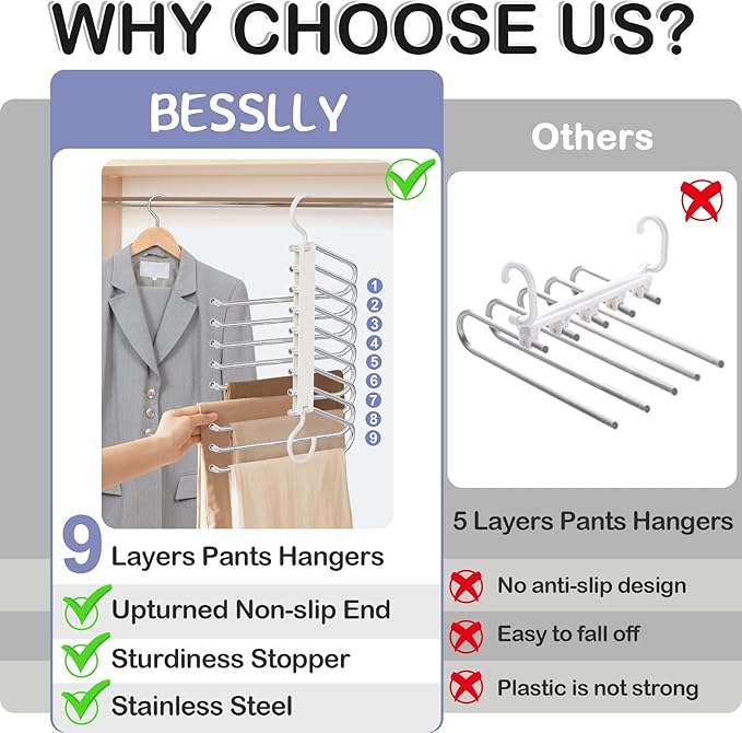 Upgrade 9 Layers Pants Hangers Space Saving, 2 Pack Pant Hangers Organizer Multifunctional Pants Rack Space Saver Closet Orga