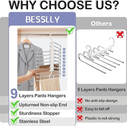 Upgrade 9 Layers Pants Hangers Space Saving, 2 Pack Pant Hangers Organizer Multifunctional Pants Rack Space Saver Closet Orga