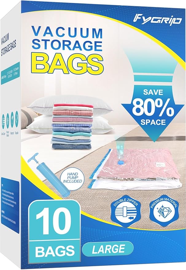 Fygrip Vacuum Storage Bags with Hand Pump, Plastic Packaging Bags, 80% Space Saver Vacuum Seal Bags for Clothing, Travel Lugg