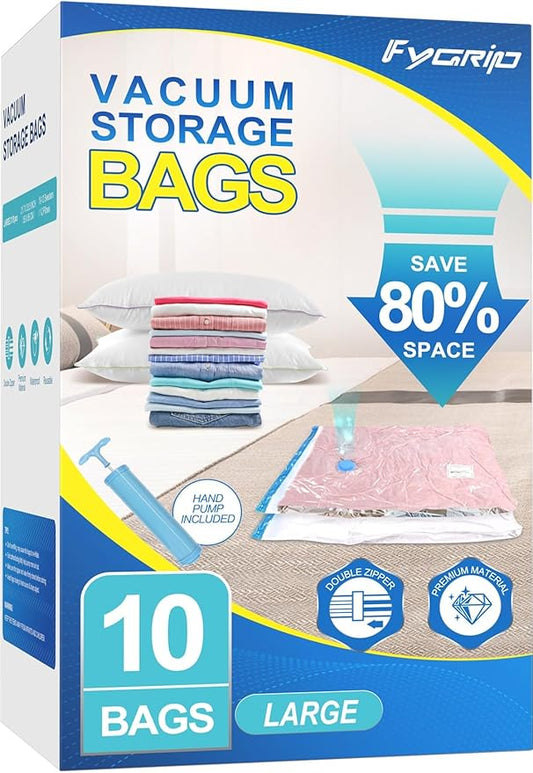 Fygrip Vacuum Storage Bags with Hand Pump, Plastic Packaging Bags, 80% Space Saver Vacuum Seal Bags for Clothing, Travel Lugg