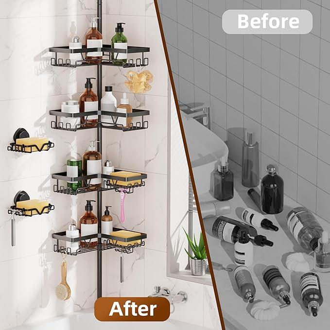 KEGII Shower Caddy Corner Tension Pole with 2 Suction Cup Soap Dishes, Rustproof 4-Tier Adjustable Bathroom Organizer, No-Dri