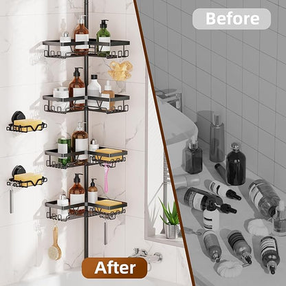 KEGII Shower Caddy Corner Tension Pole with 2 Suction Cup Soap Dishes, Rustproof 4-Tier Adjustable Bathroom Organizer, No-Dri